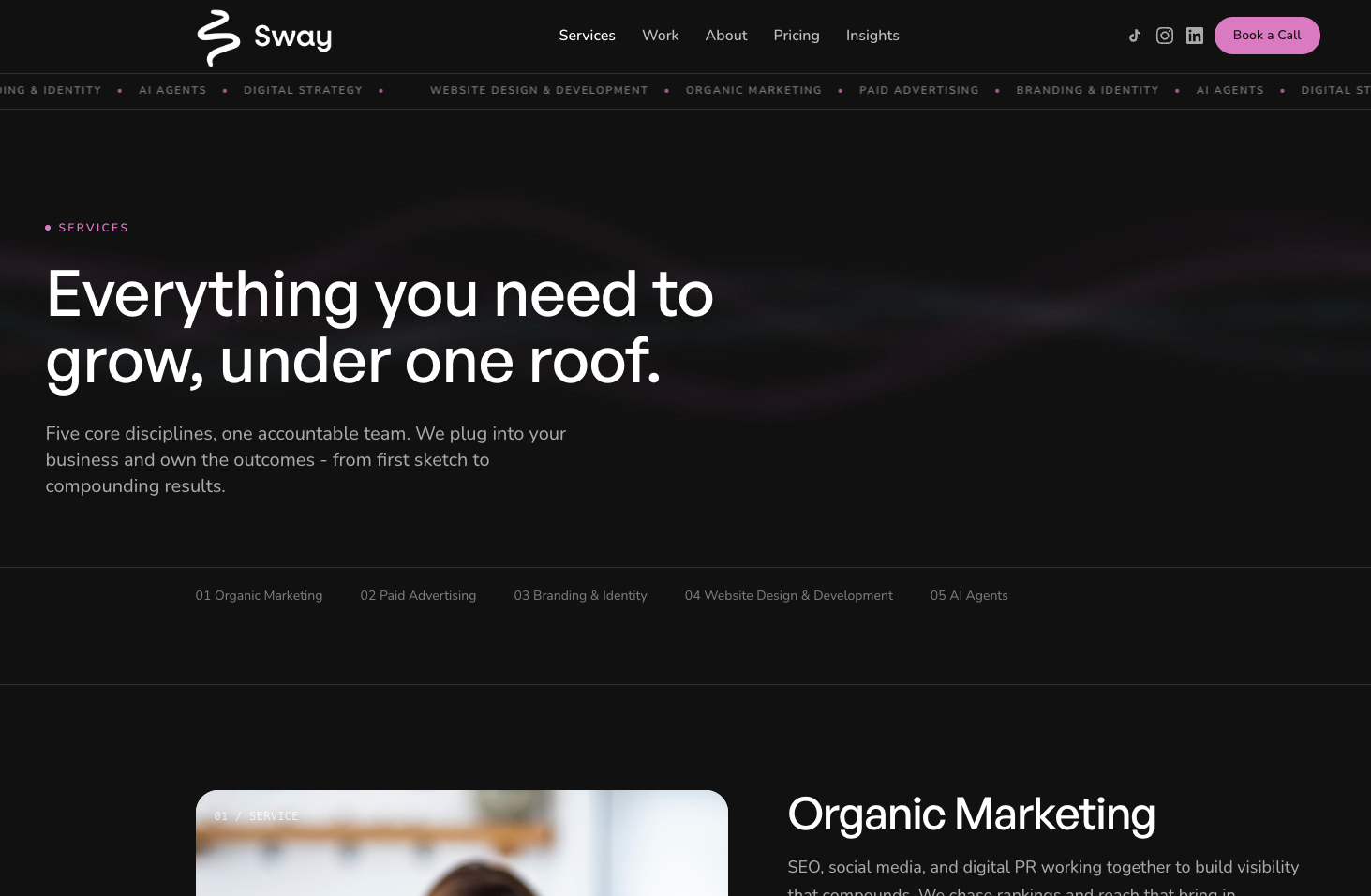 Sway Digital's own services page, showing the five core disciplines listed with a clear proof-led structure