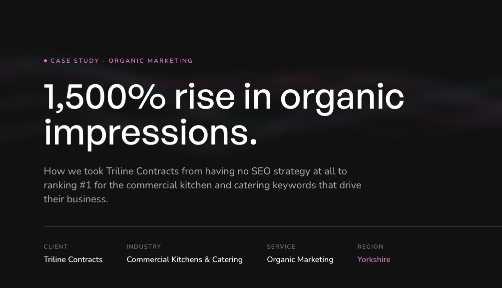 The Triline Contracts case study page, showing the headline result of a 1,500% rise in organic impressions