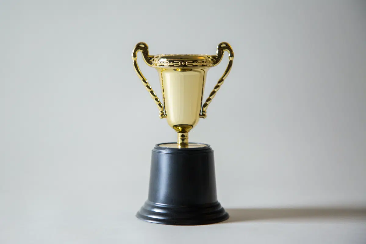 A gold trophy on a black base against a plain grey background