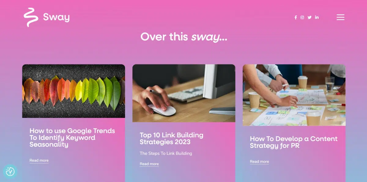 Screenshot of the Sway Digital blog page showing three article cards under the heading "Over this sway..."