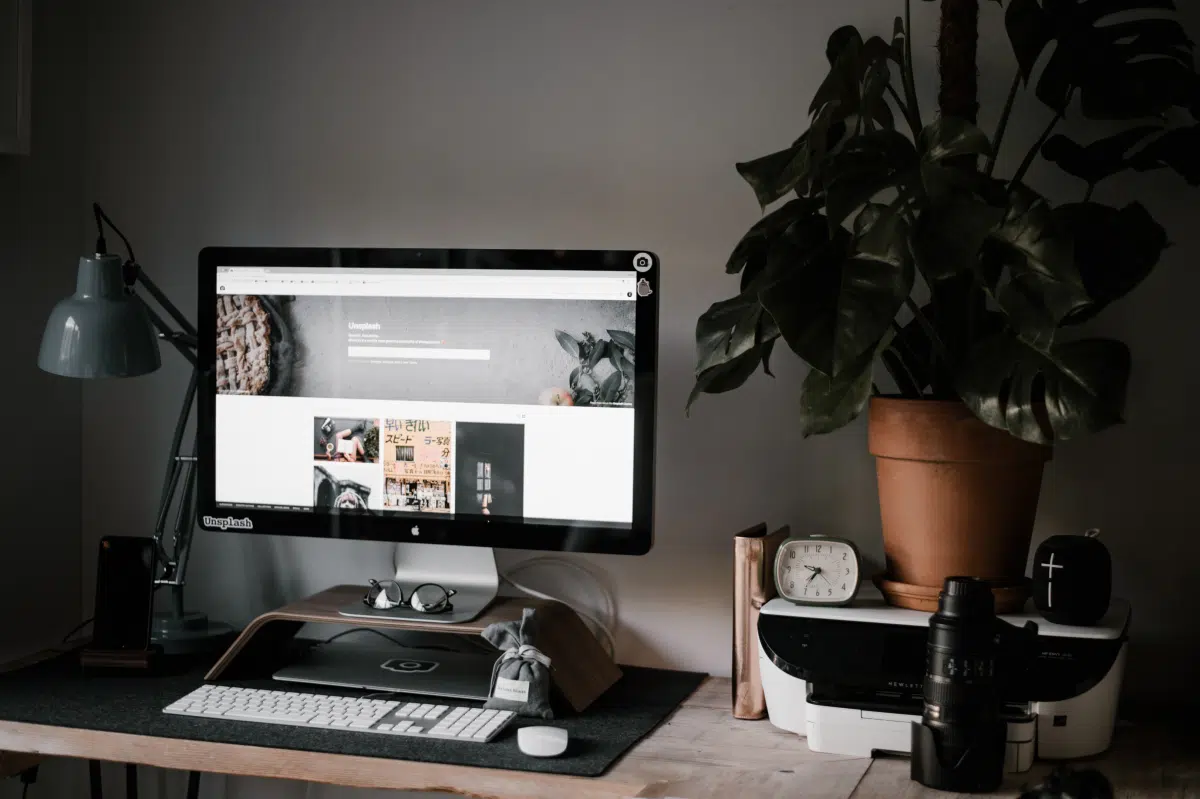 Desktop monitor on a wooden desk displaying a website homepage, next to a potted plant