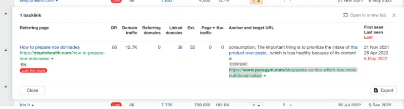 Ahrefs broken backlink detail showing Pure Gym linking to a dead 'How to prepare rice dolmades' page