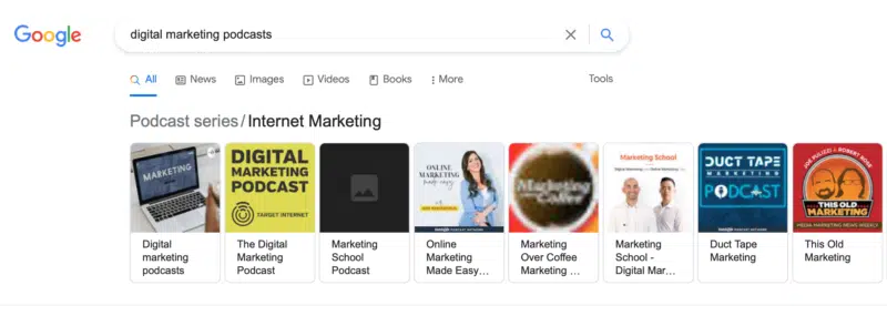 Google search results for 'digital marketing podcasts' showing a carousel of podcast series
