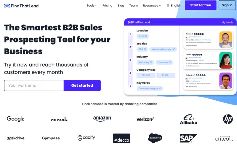 Find That Lead homepage, a B2B sales prospecting tool for finding contact details