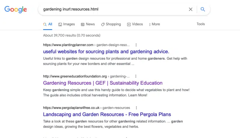 Google search results for 'gardening inurl:resources.html' showing three resource pages