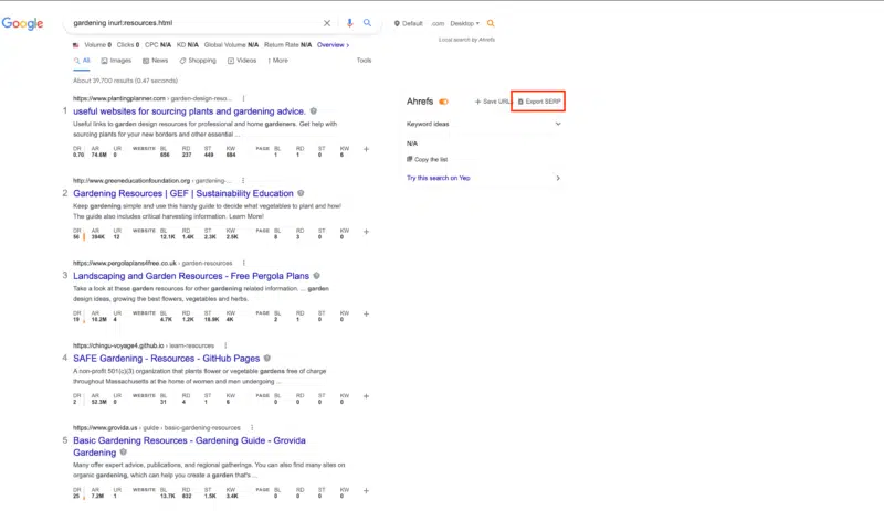 Ahrefs SERP overview for the resource-page search with the Export SERP button highlighted