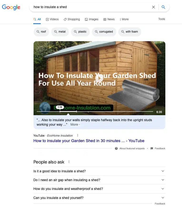 Google search results for 'how to insulate a shed' showing a featured video and People Also Ask section
