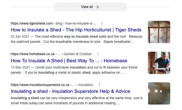 Three organic search listings for 'how to insulate a shed', with Tiger Sheds ranking first
