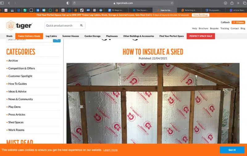 The Tiger Sheds 'How to Insulate a Shed' article page showing insulation installed in a shed frame