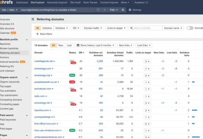 Ahrefs referring domains report for the Tiger Sheds 'how to insulate a shed' blog post