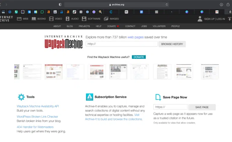 The Internet Archive Wayback Machine homepage