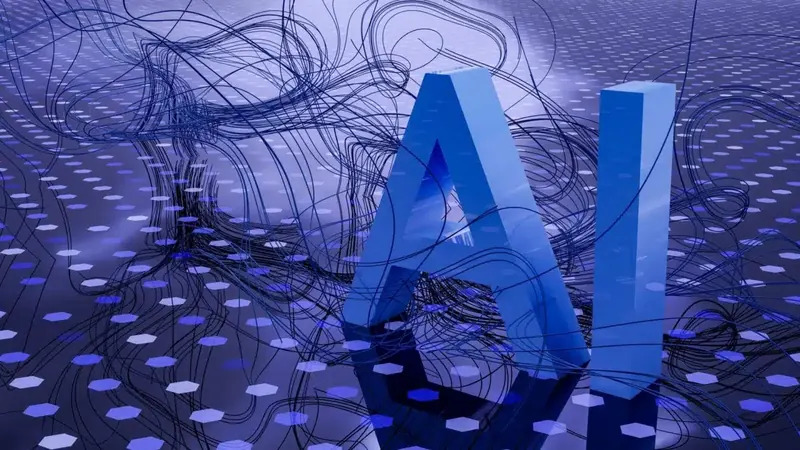 3D rendered AI letters surrounded by data connection lines