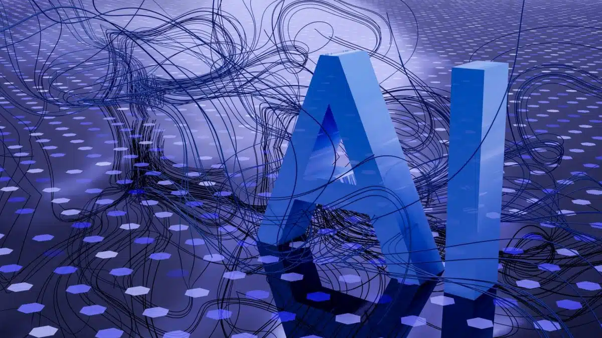 3D rendered AI letters surrounded by data connection lines