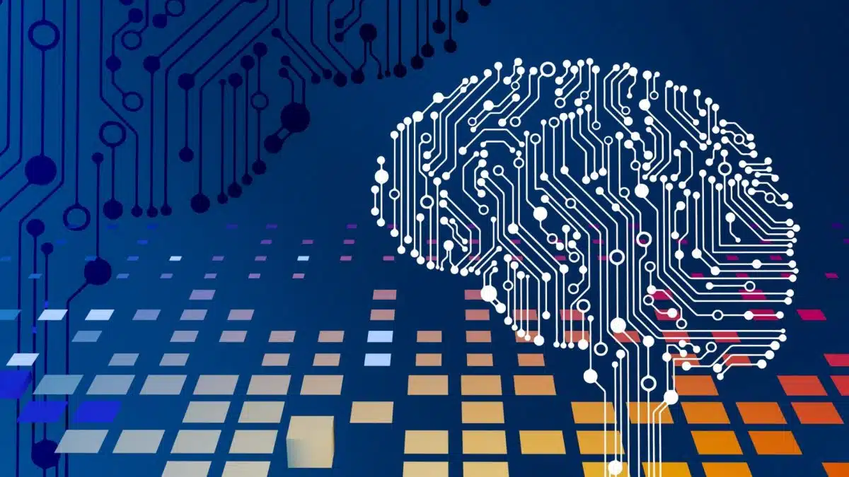 Abstract illustration of a circuit-board brain over a grid of coloured tiles