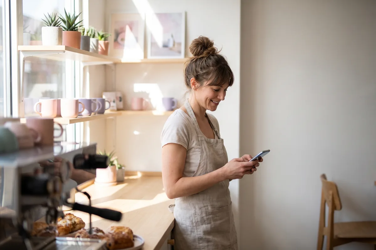 A smiling café owner standing at her counter, checking a search ad on her smartphone