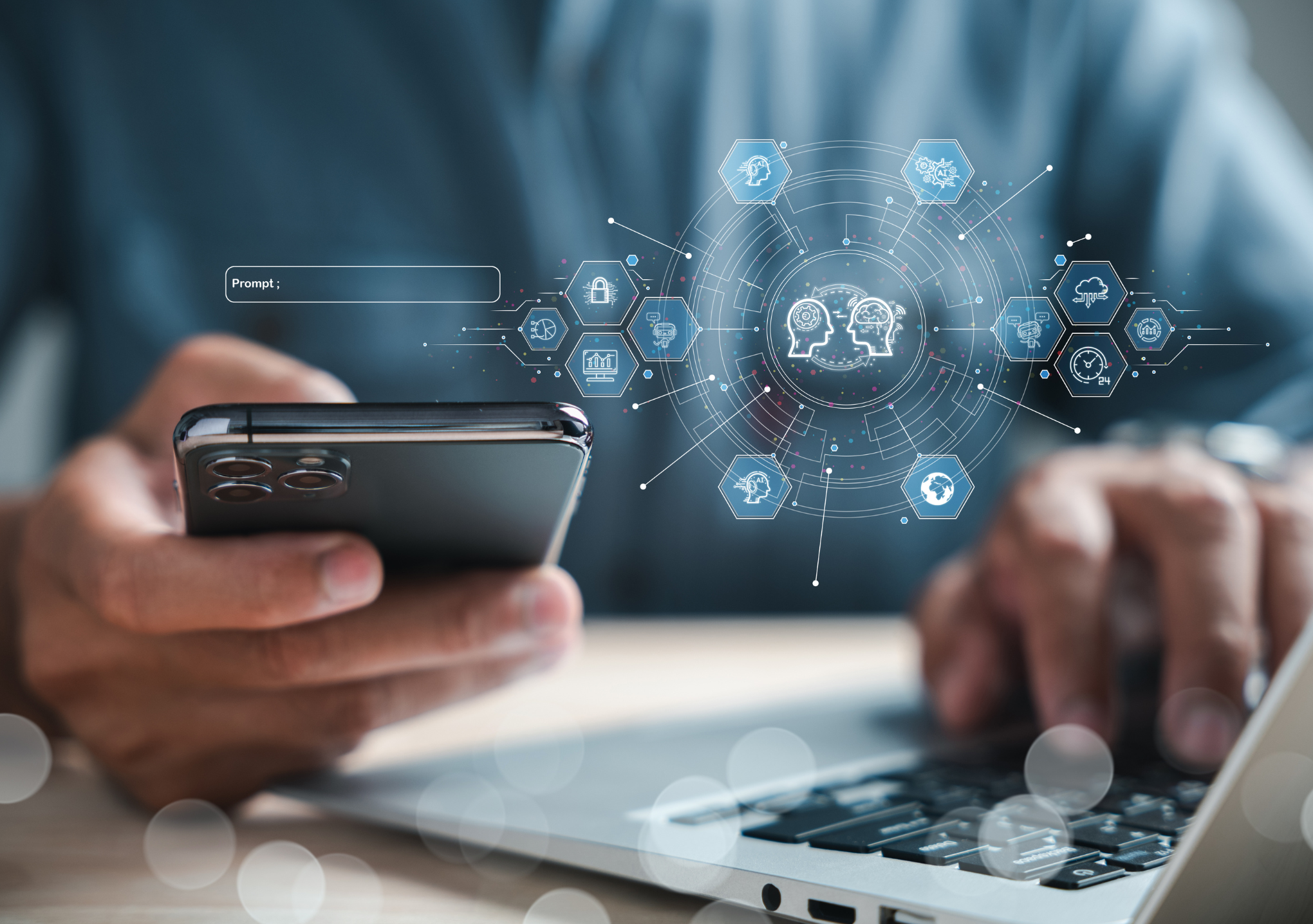 Professional using a phone and laptop with AI agent icons and network graphics overlaid