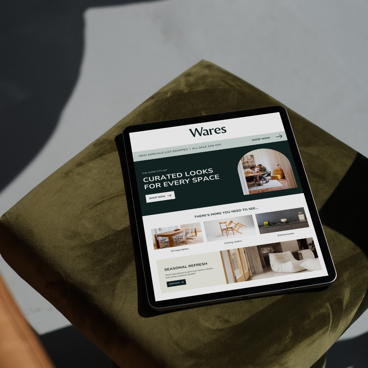 Tablet displaying a homeware brand's e-commerce website and identity system